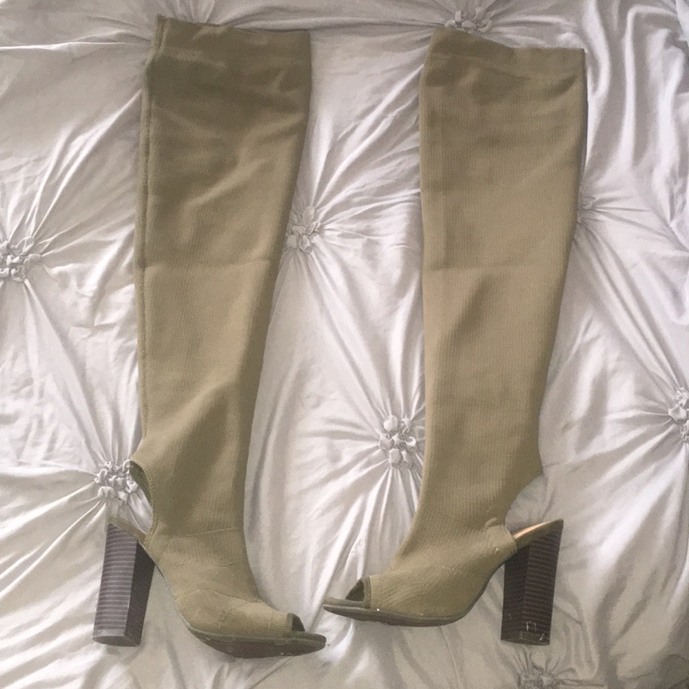 Thigh High, Open Toe/Heel Boots, Dark Olive Green